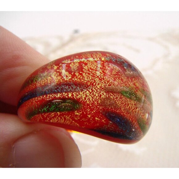 Pier One Blown Glass Cosmic Ring Domed Orange Red Gold Chromatic Lampwork Sz 7.5 - Picture 6 of 11